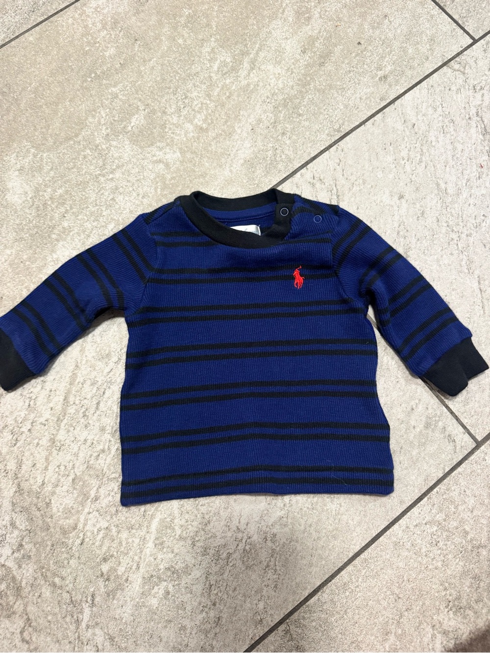 Ralph Lauren Blue and Black Striped Long-Sleeve Tee with Red Pony